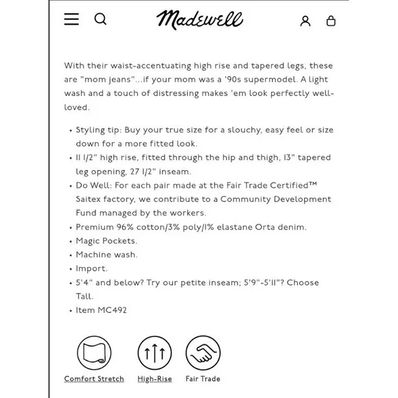 Madewell High Rise Perfect Vintage Jean 90s Mom Jean $135. Size 29. Excellent. - Picture 6 of 16